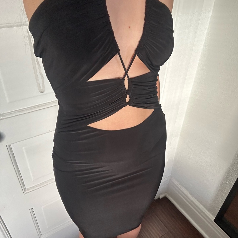 New Dolls Kill Sabora Midi Bodycon Black Dress Small Tie Halter cut out slinky